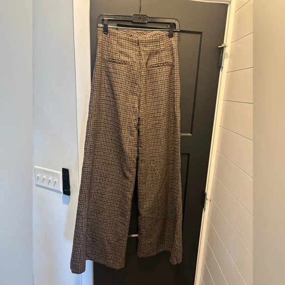 Anna Mason London Beau Trouser Wide Leg Pants Wool Tweed Plaid Check Brown Sz 4